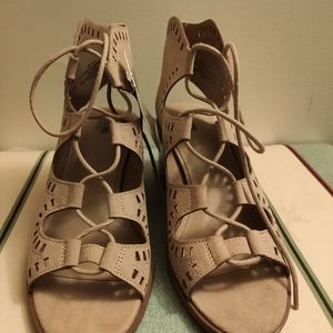 Laser cut lace up block heel sandal